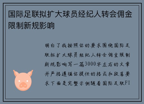 国际足联拟扩大球员经纪人转会佣金限制新规影响 国际足联拟扩大球员经纪人转会佣金限制新规影响