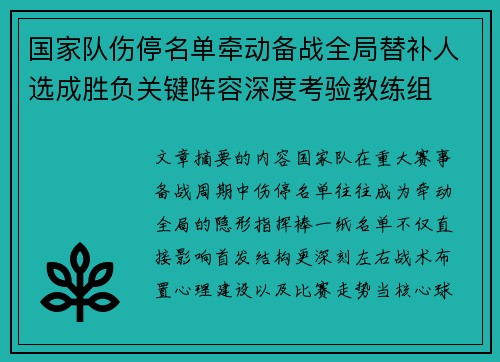 国家队伤停名单牵动备战全局替补人选成胜负关键阵容深度考验教练组 国家队伤停名单牵动备战全局替补人选成胜负关键阵容深度考验教练组